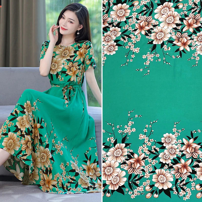Summer Printed Rayon Fabric Soft Comfortable By The Meter for Women\'s Dress Shirts Diy Sewing Cloth Flowers Breathable Green